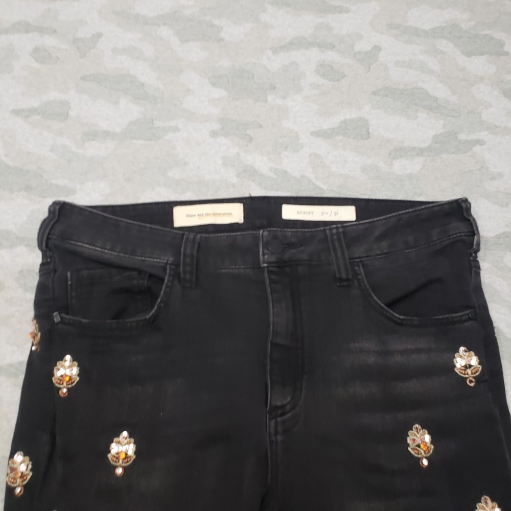 Pilcro and The Letterpress Jeans Womens 31 Black Embroidered Boho Ornate Skinny - Picture 2 of 12